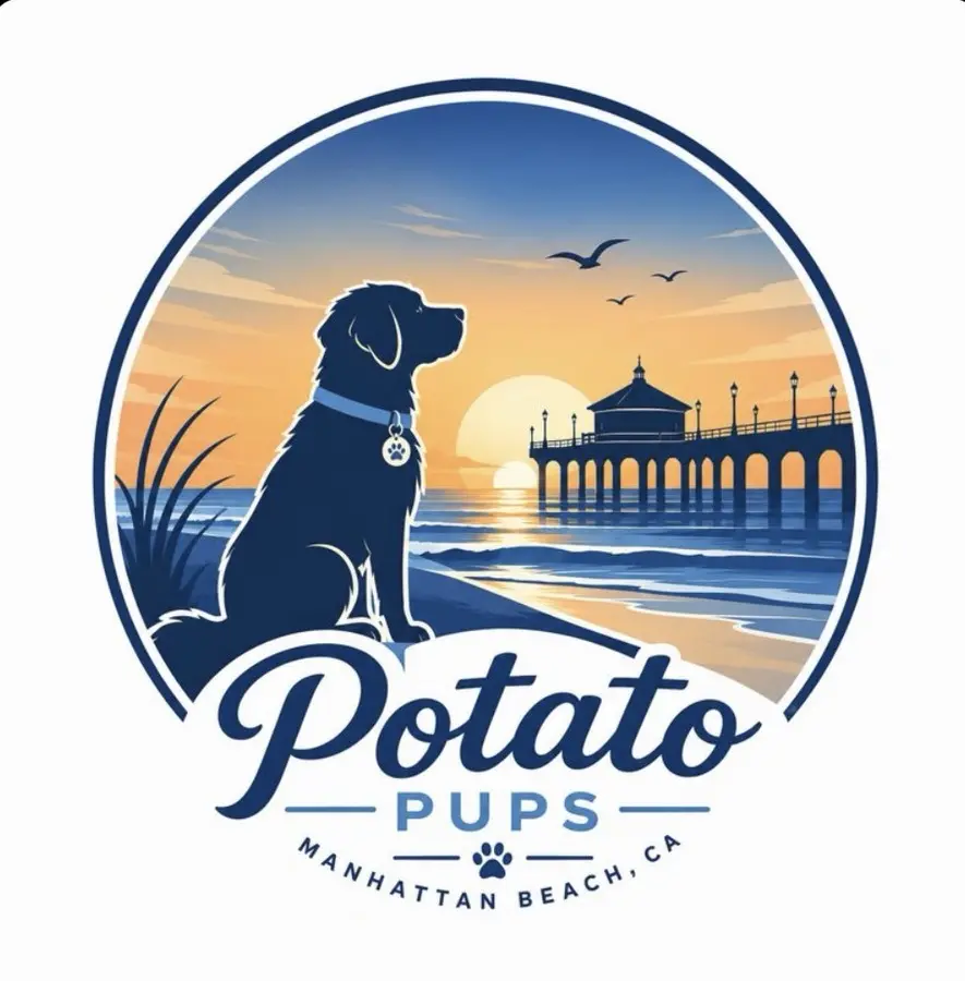 Potato Pups logo xe2x80x94 dog silhouette with Manhattan Beach pier at sunset (story section)